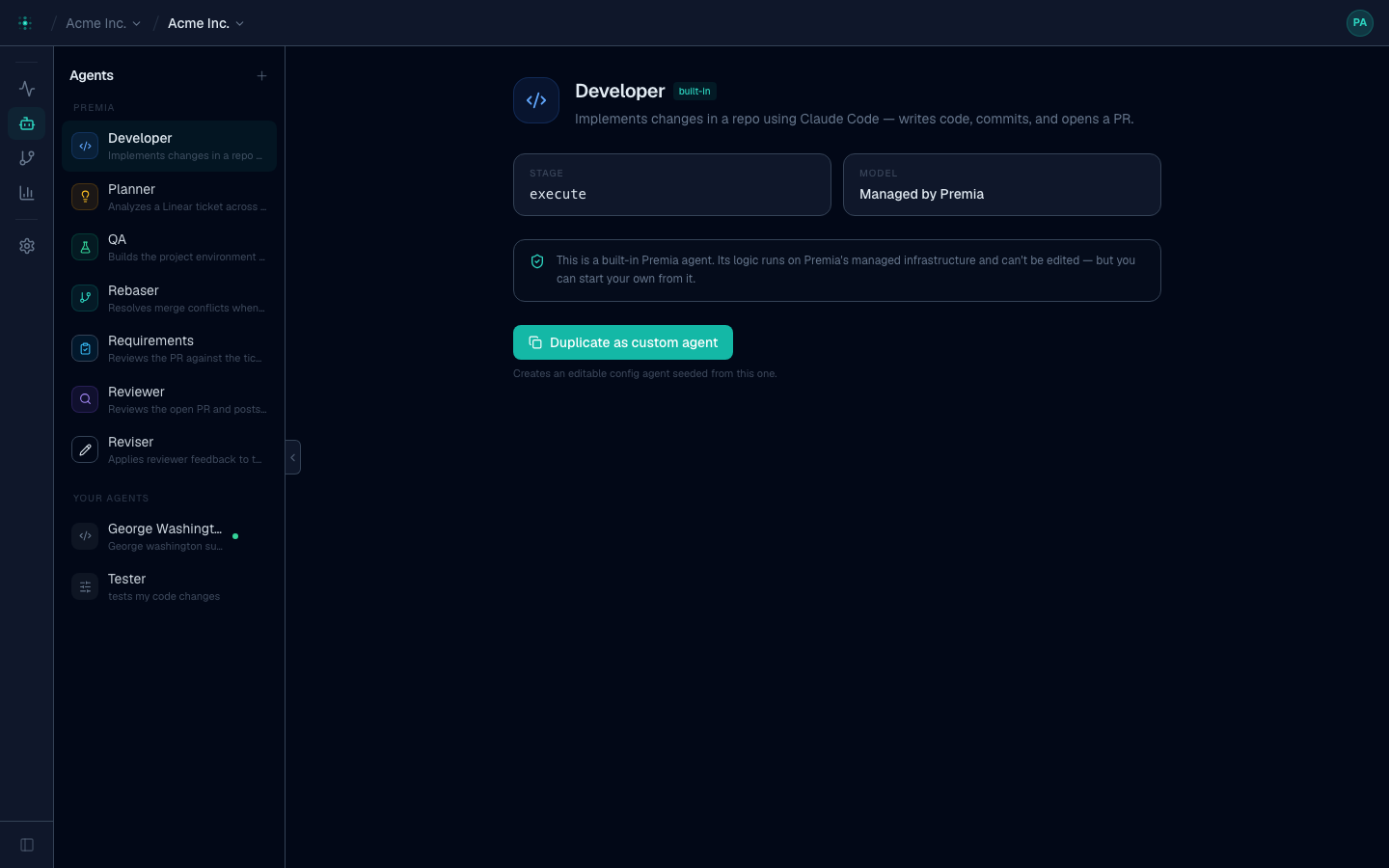 A built-in agent's detail — the Developer agent showing its stage, model, and a Duplicate as custom agent action