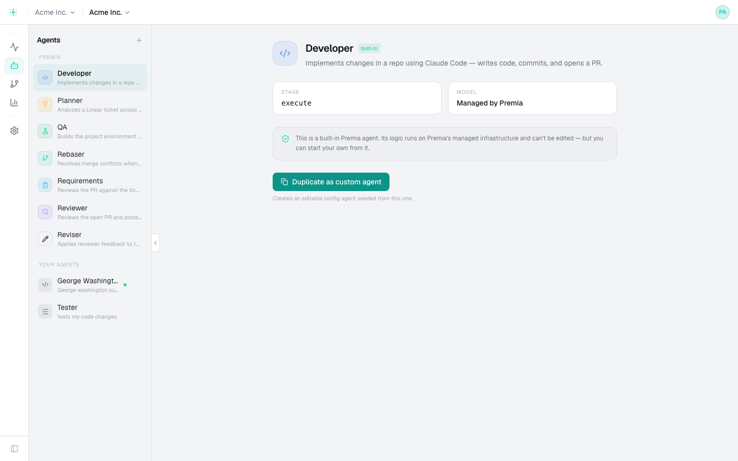 A built-in agent's detail — the Developer agent showing its stage, model, and a Duplicate as custom agent action