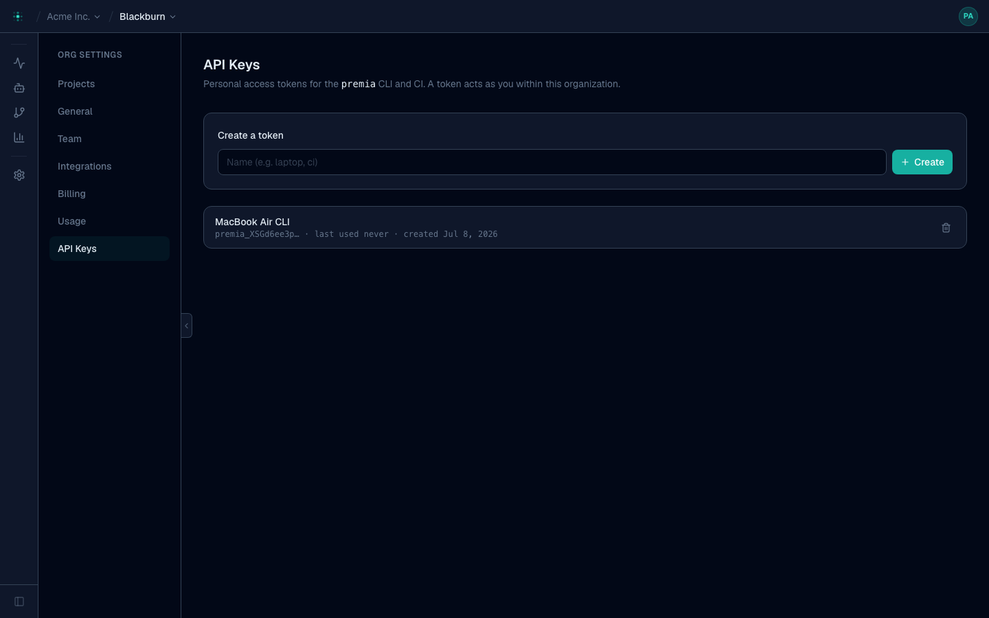 Settings → API Keys — the personal access token management page