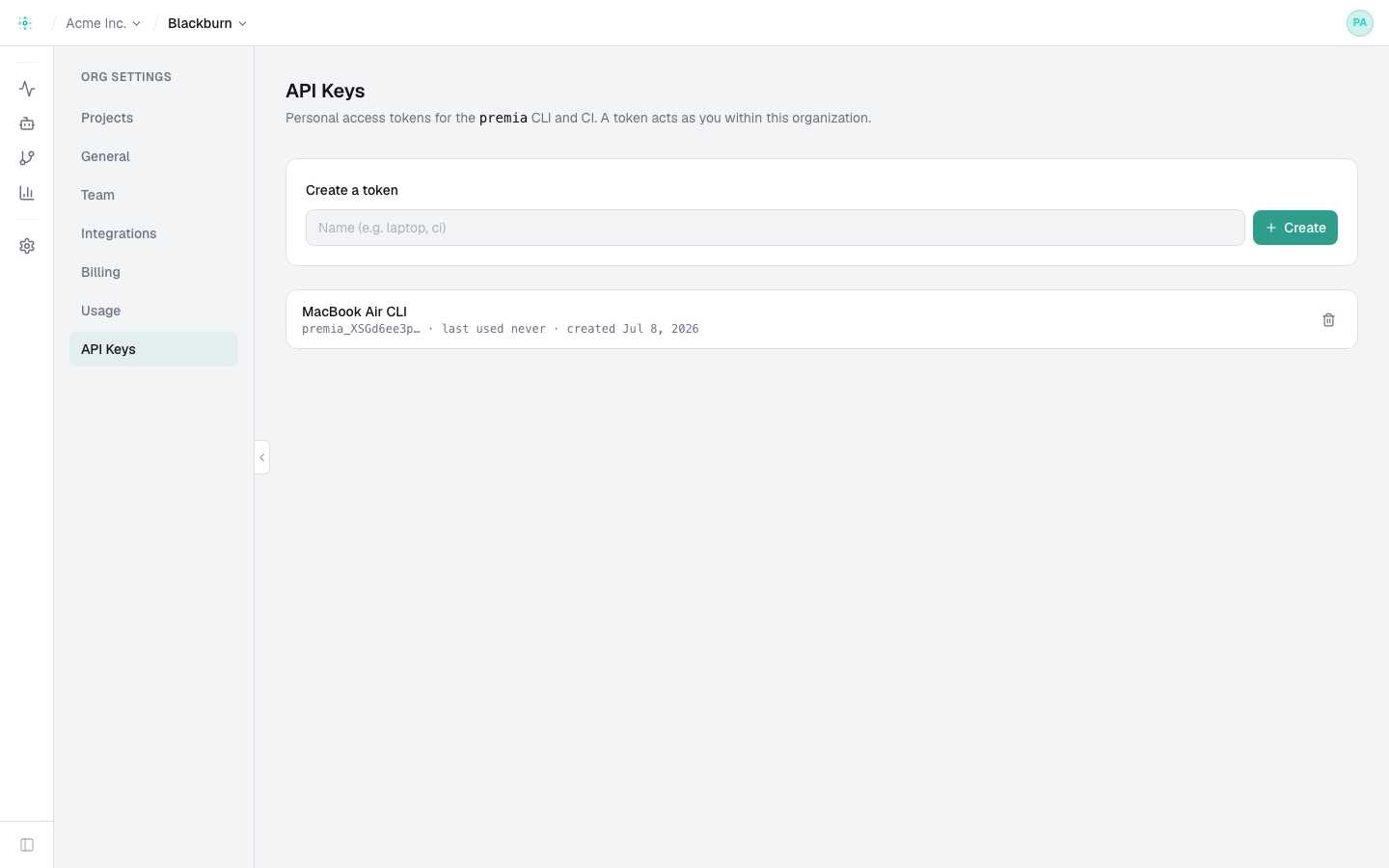 Settings → API Keys — the personal access token management page
