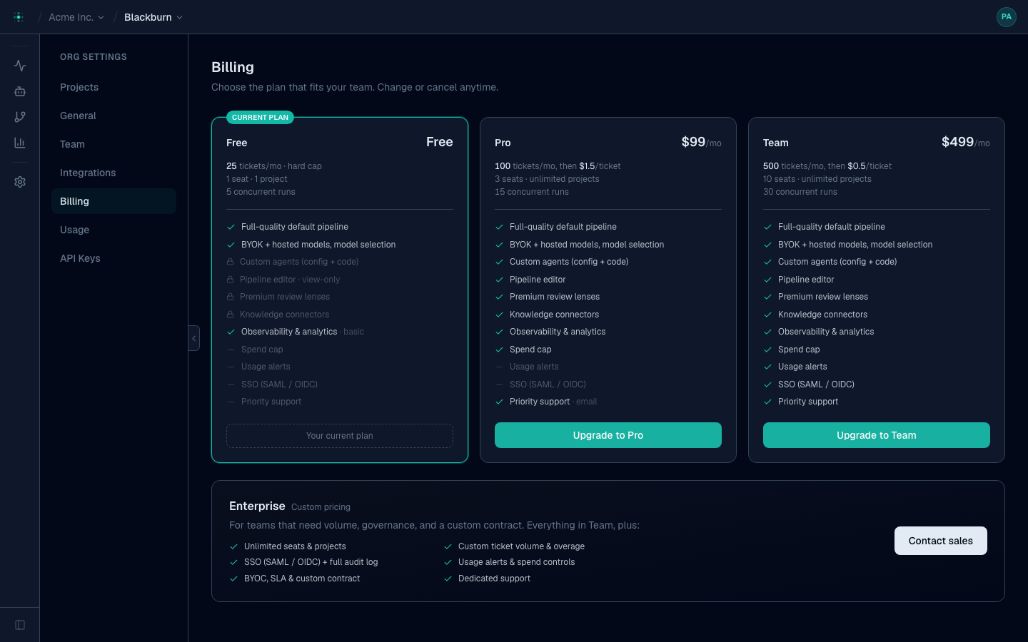 Settings → Billing — the plan tiers (Free, Pro, Team) with features, limits, and upgrade controls