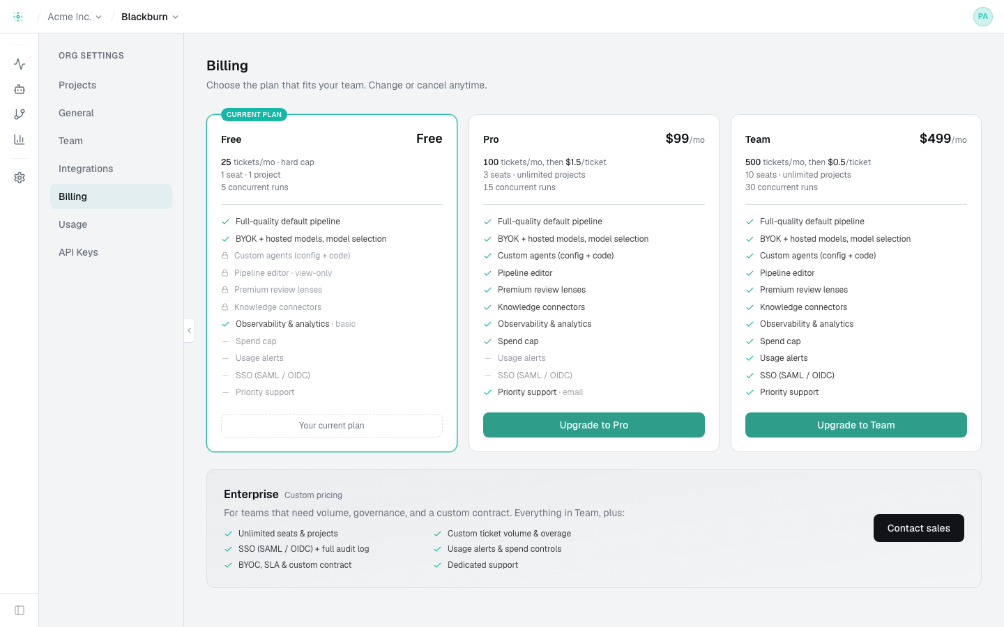 Settings → Billing — the plan tiers (Free, Pro, Team) with features, limits, and upgrade controls