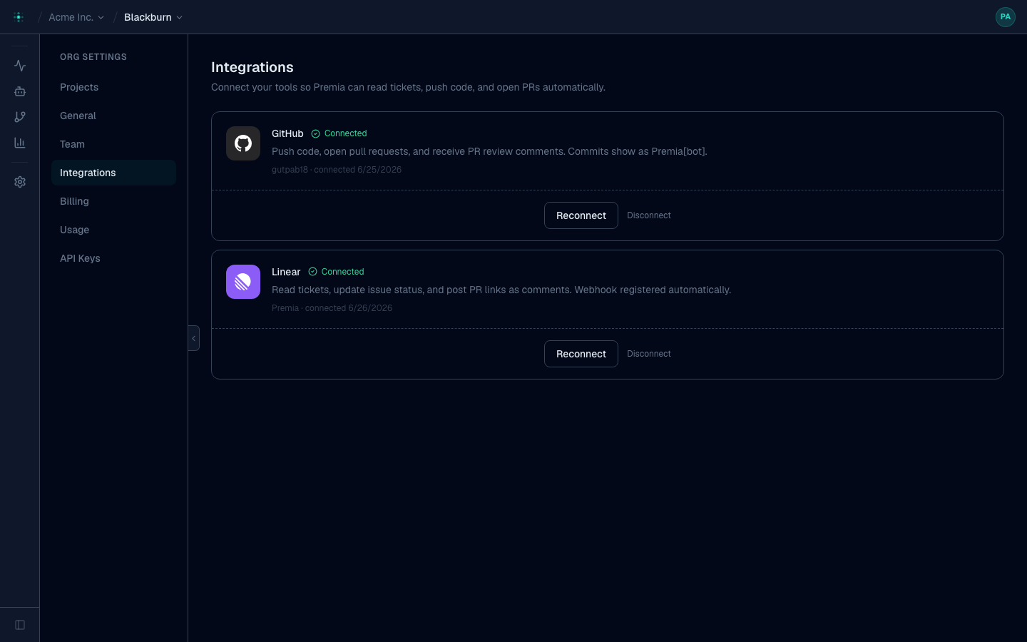 Settings → Integrations — GitHub and Linear connected, each with reconnect and disconnect controls