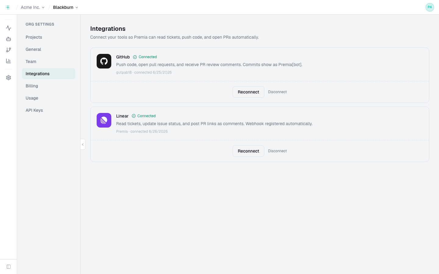 Settings → Integrations — GitHub and Linear connected, each with reconnect and disconnect controls