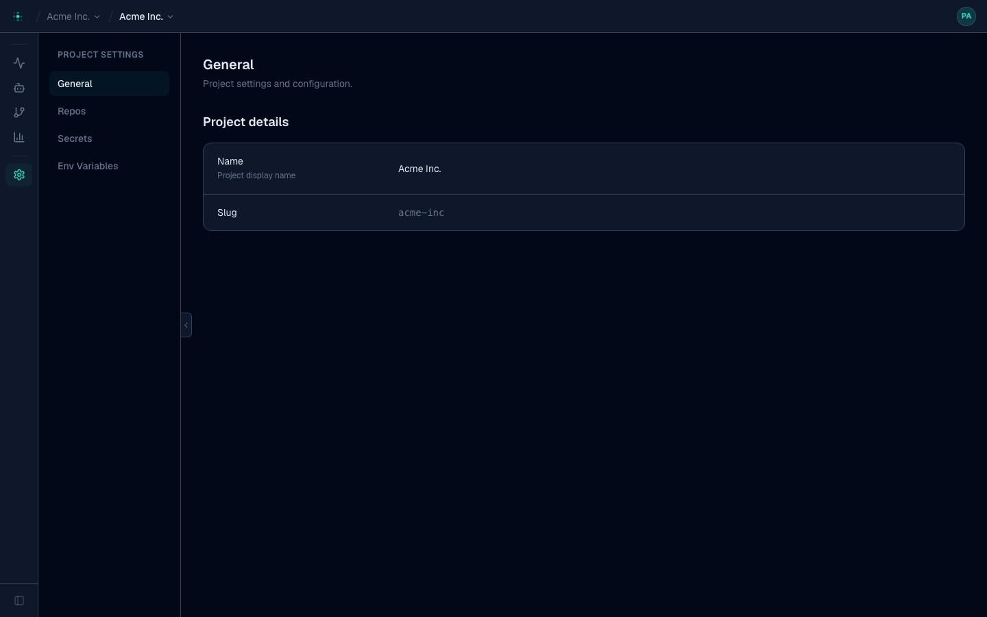 Project settings — General, Repos, Secrets, and Env Variables, scoped to a single project