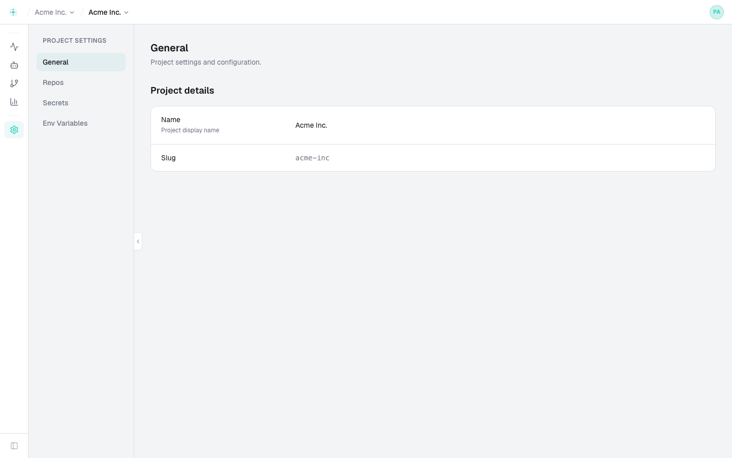 Project settings — General, Repos, Secrets, and Env Variables, scoped to a single project