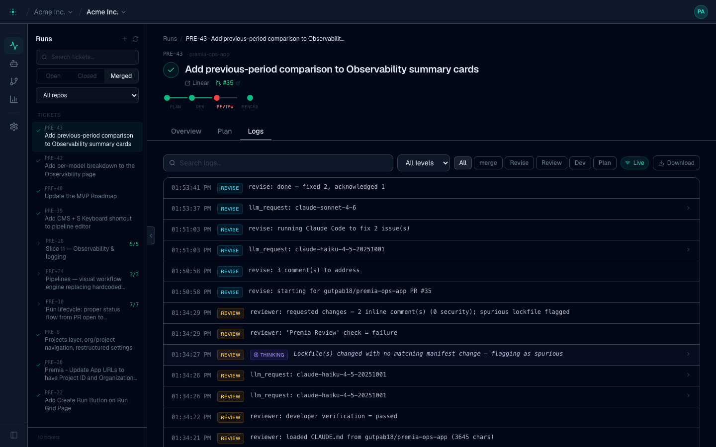 The Logs tab — timestamped, level-filtered log lines showing each agent's actions and model calls, with a live toggle and download
