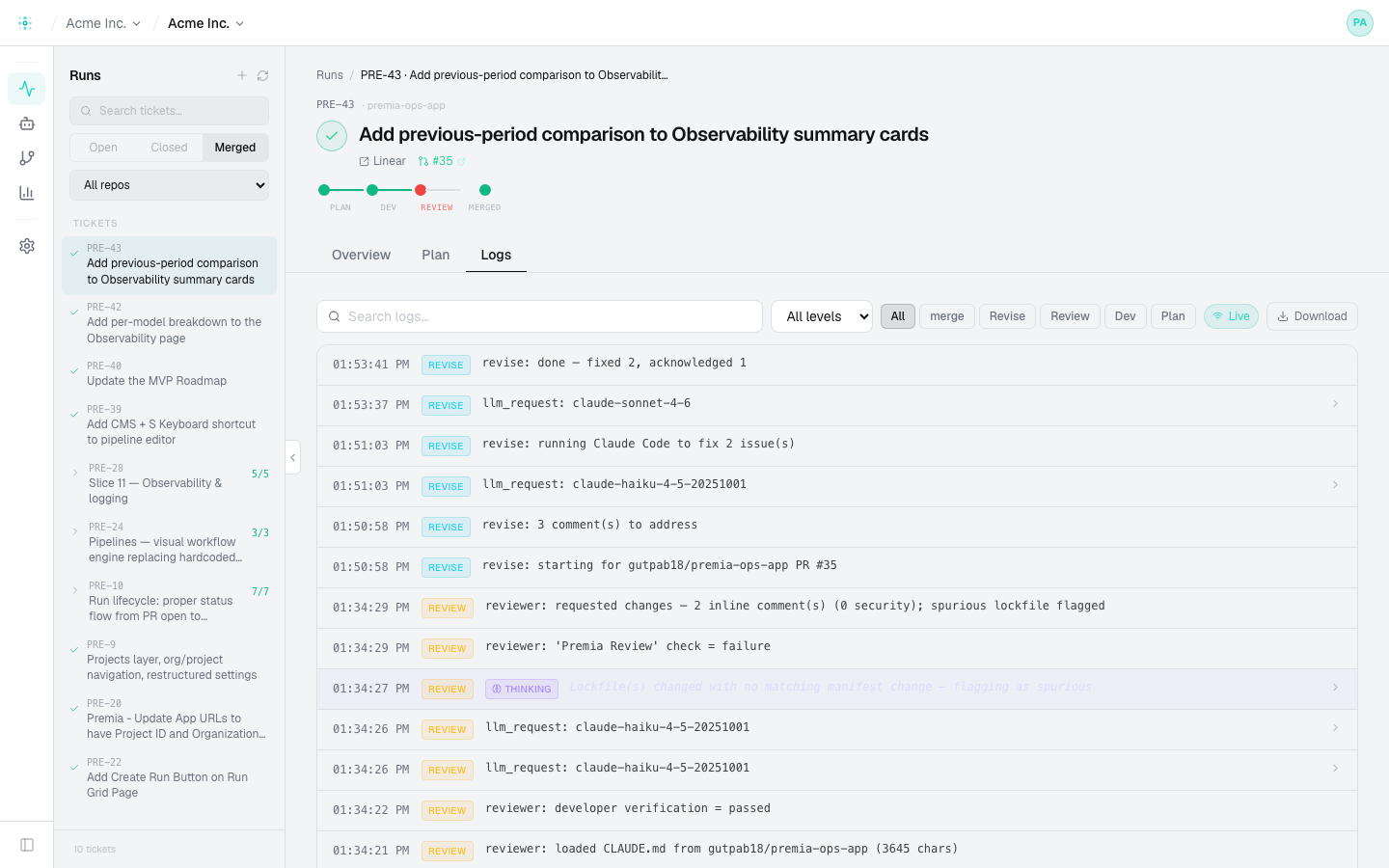 The Logs tab — timestamped, level-filtered log lines showing each agent's actions and model calls, with a live toggle and download
