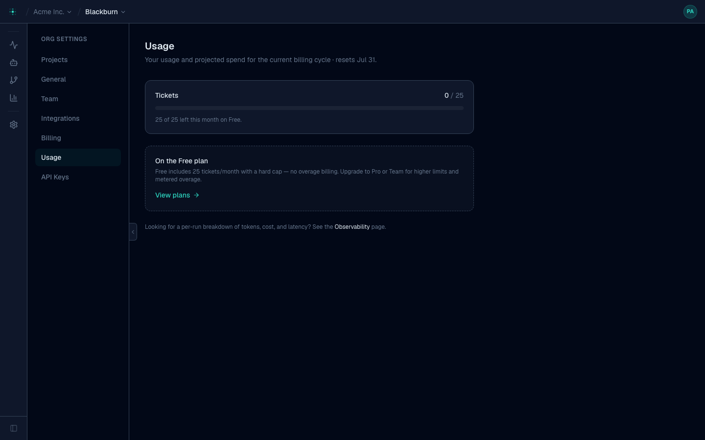 Settings → Usage — tickets used this cycle against the plan cap, current plan, and projected spend